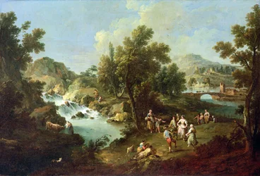Landschaft mit einem Fluss und tanzenden Bauern